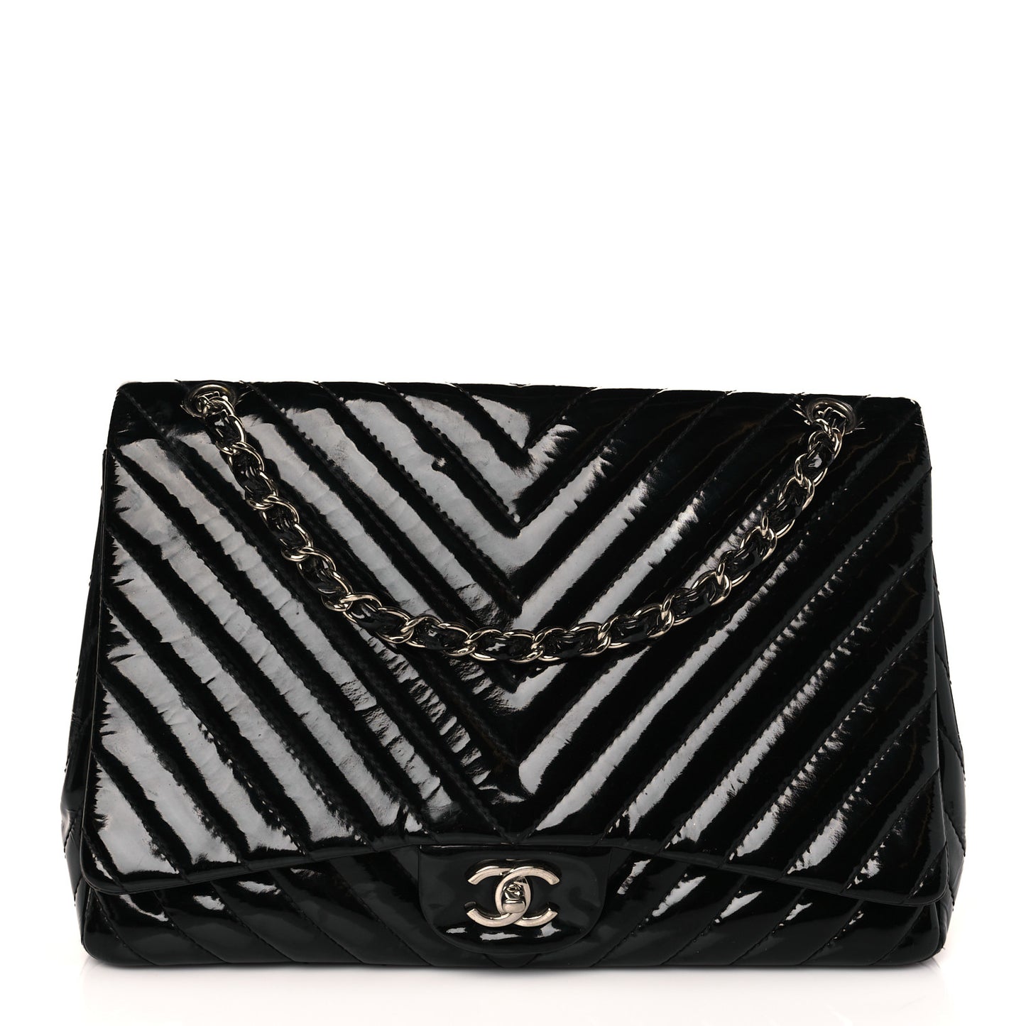 Patent Chevron Quilted Maxi Single Flap Black