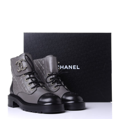 Chanel Shiny Lambskin Quilted Lace Up Combat Boots 38.5 Grey Black 11 of 11