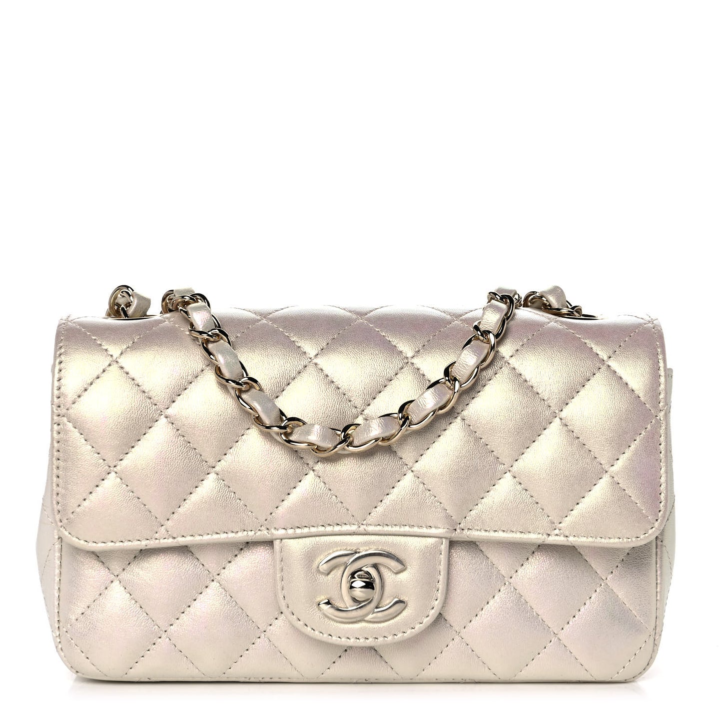 Iridescent Lambskin Quilted Mini Rectangular Flap Ivory