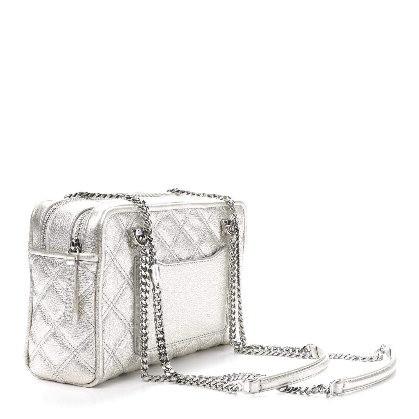 Metallic Grained Calfskin Quilted Double Stitched The Status Shoulder Bag Silver