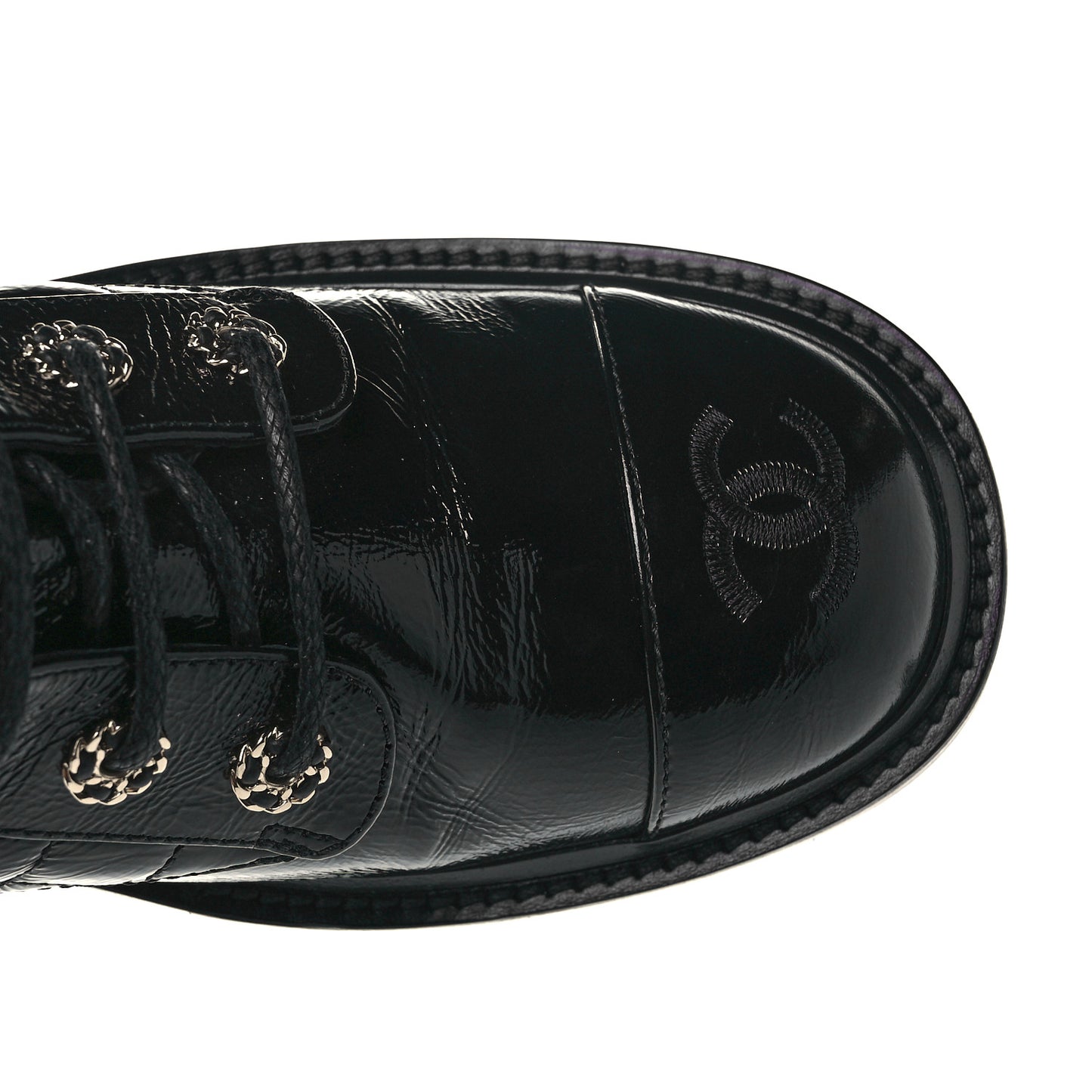 Shiny Calfskin Quilted Lace Up Combat Boots 38.5 Black