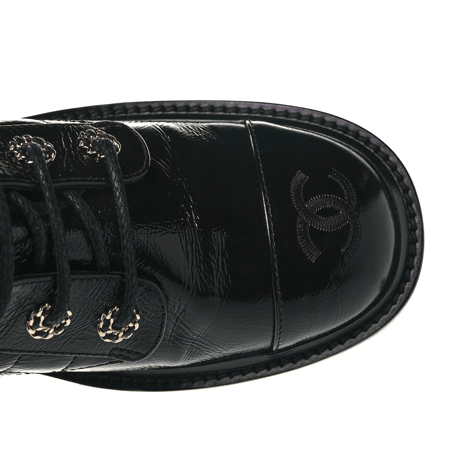 Chanel Shiny Calfskin Quilted Lace Up Combat Boots 38.5 Black 8 of 9