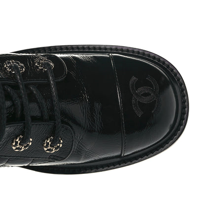 Chanel Shiny Calfskin Quilted Lace Up Combat Boots 38.5 Black 8 of 9