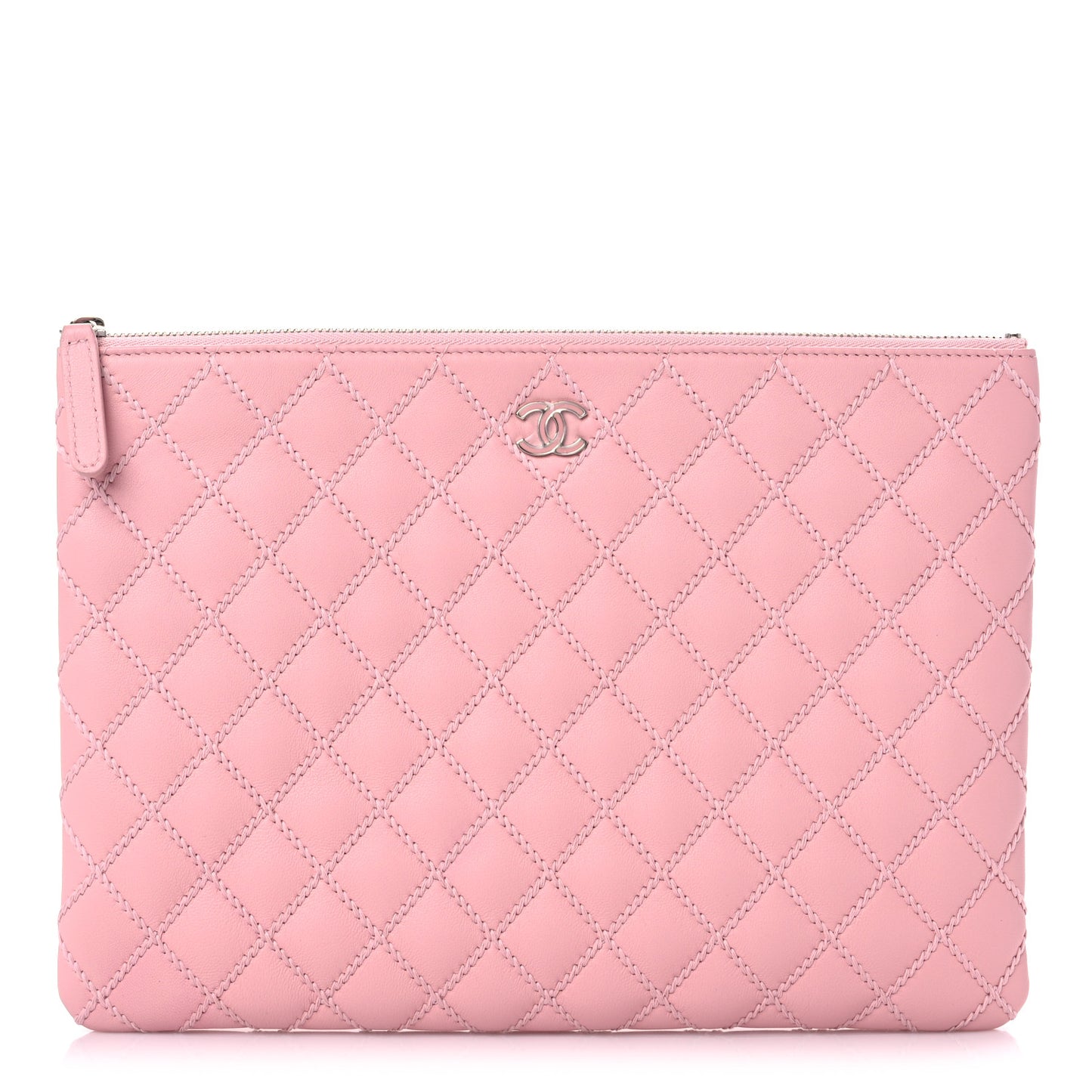 Calfskin Quilted Enamel CC Stitched Medium Cosmetic Case Pink