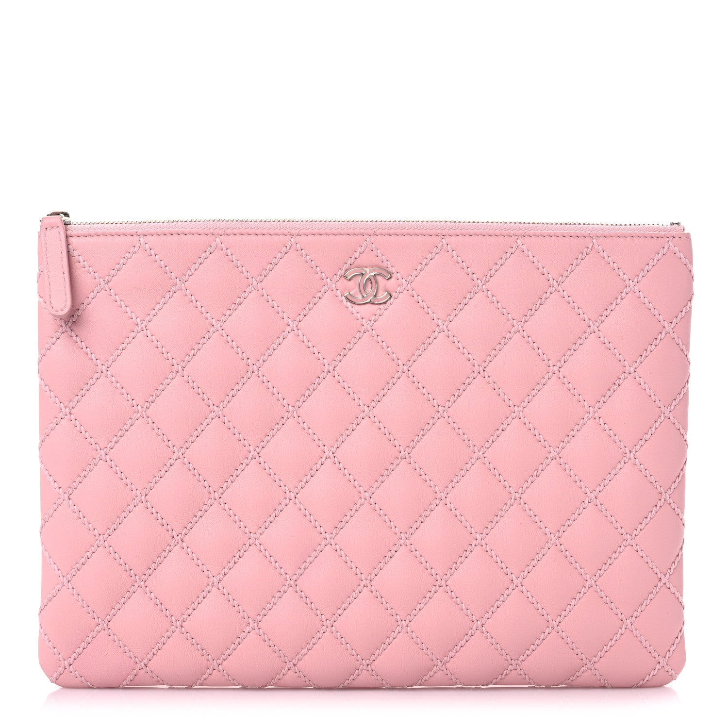 Chanel Calfskin Quilted Enamel CC Stitched Medium Cosmetic Case Pink 1 of 13