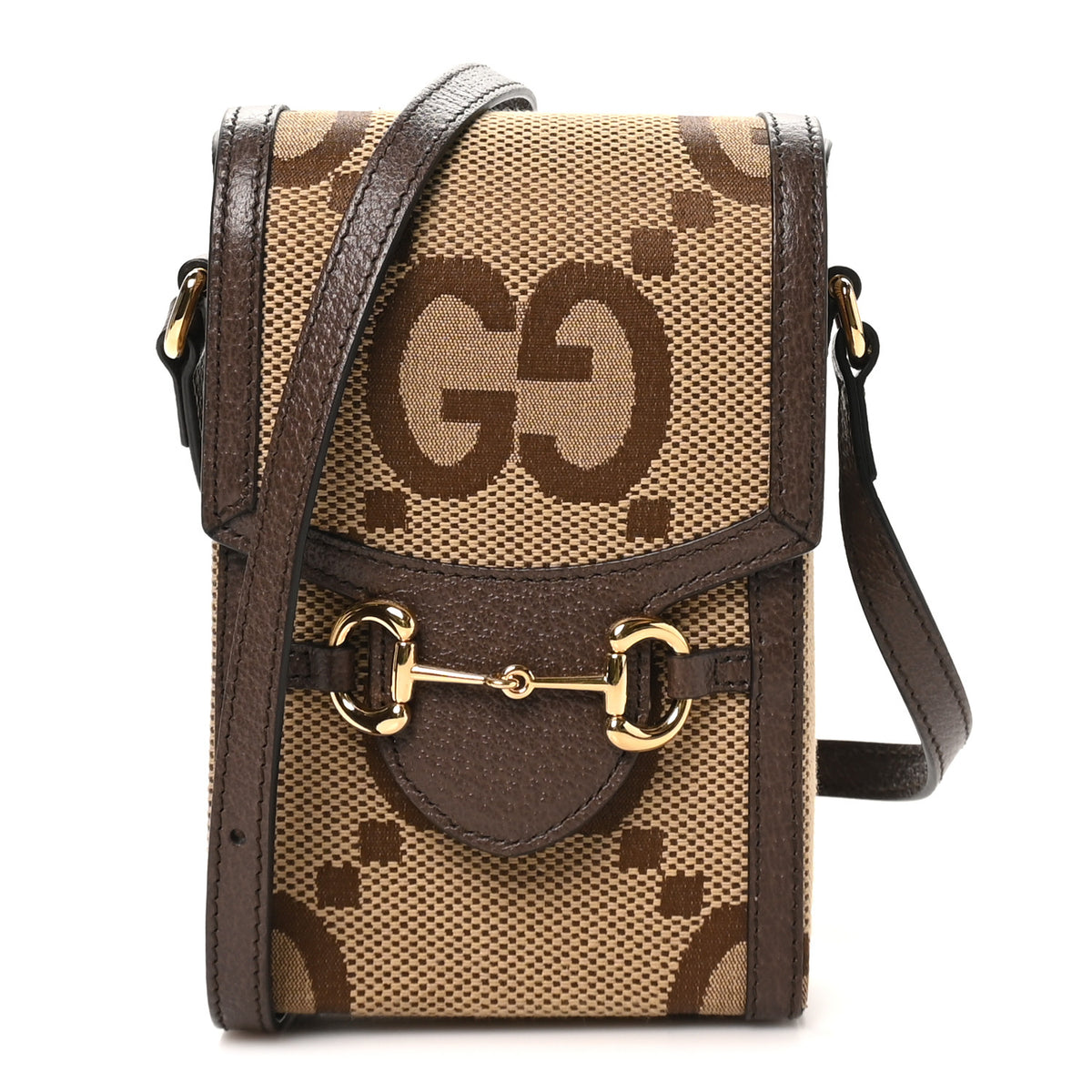 Gucci Monogram Jumbo GG Textured Dollar Calfskin Mini Horsebit 1955 Crossbody Bag Camel Ebony New Acero 1 of 10
