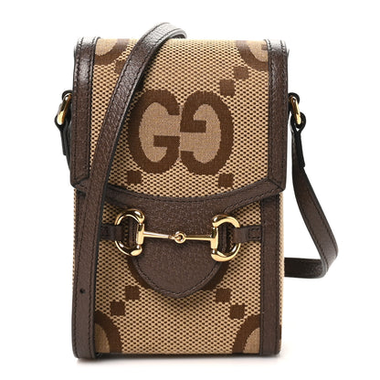 Gucci Monogram Jumbo GG Textured Dollar Calfskin Mini Horsebit 1955 Crossbody Bag Camel Ebony New Acero 1 of 10