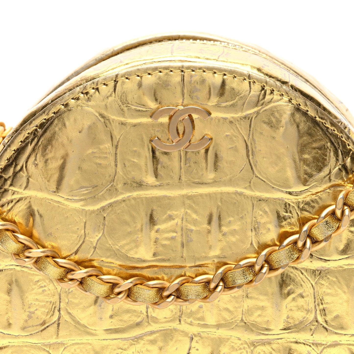Metallic Calfskin Crocodile Embossed Cocodile Round Clutch with Chain Gold