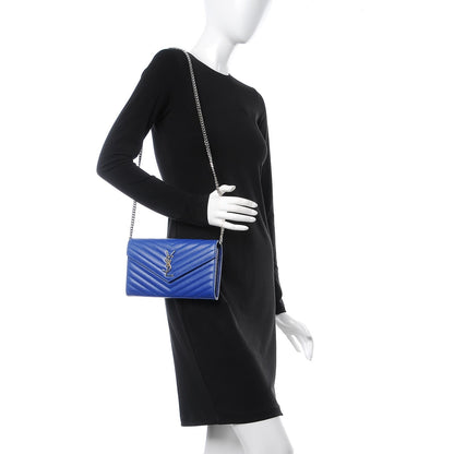 Saint Laurent Grain De Poudre Matelasse Monogram Chain Wallet Royal Blue 2 of 6