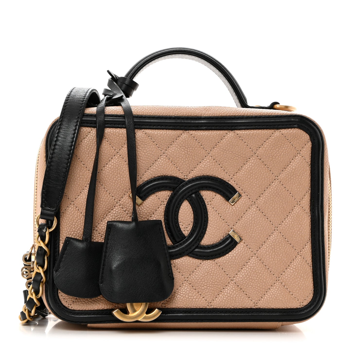 Caviar Quilted Medium CC Filigree Vanity Case Beige Black