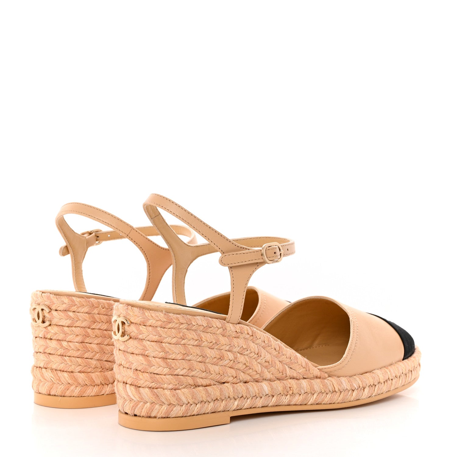 Chanel Lambskin Grosgrain CC Espadrilles Wedges 40 Beige Black 4 of 13