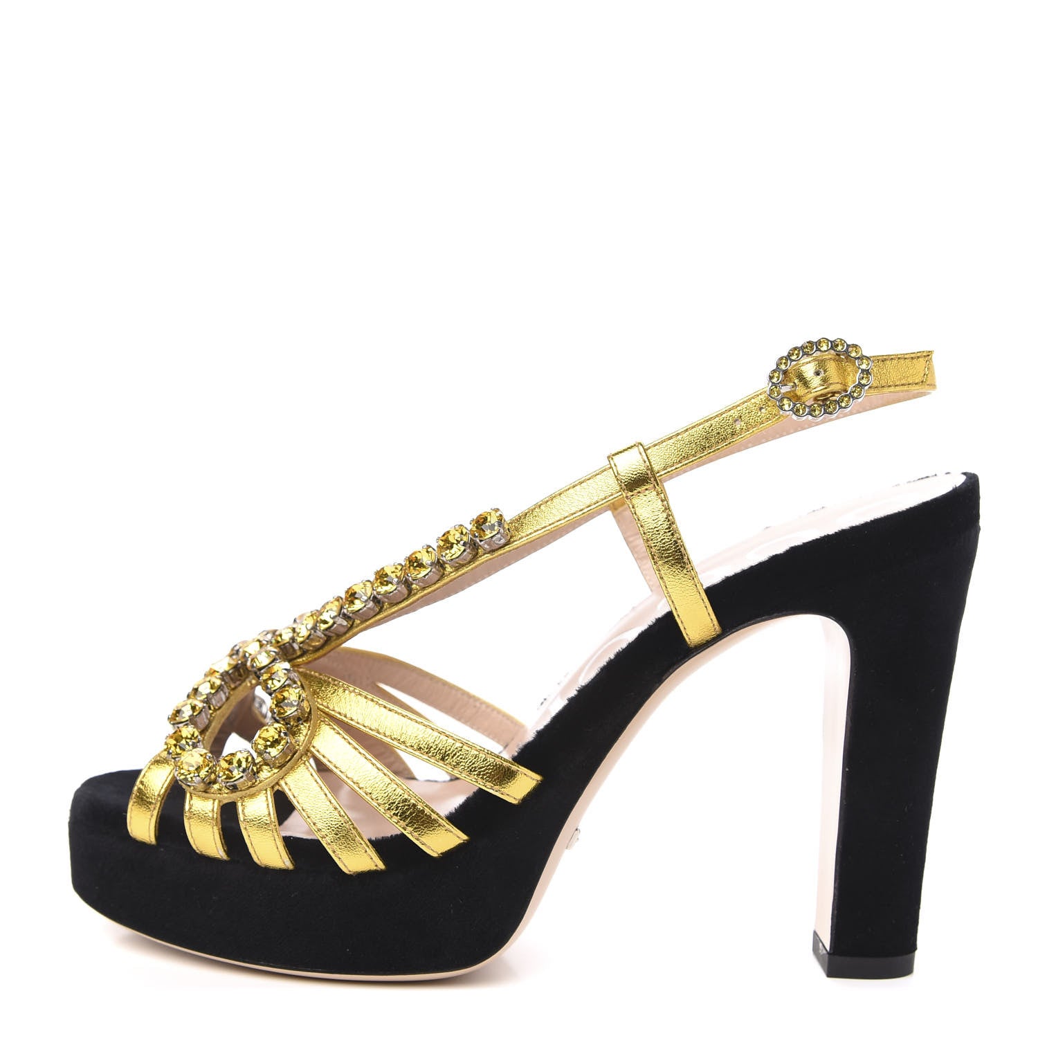 Gucci Velvet Nappa Crystal Zephyra Slingback Platform High Heel Sandals 36.5 Black Gold 1 of 9