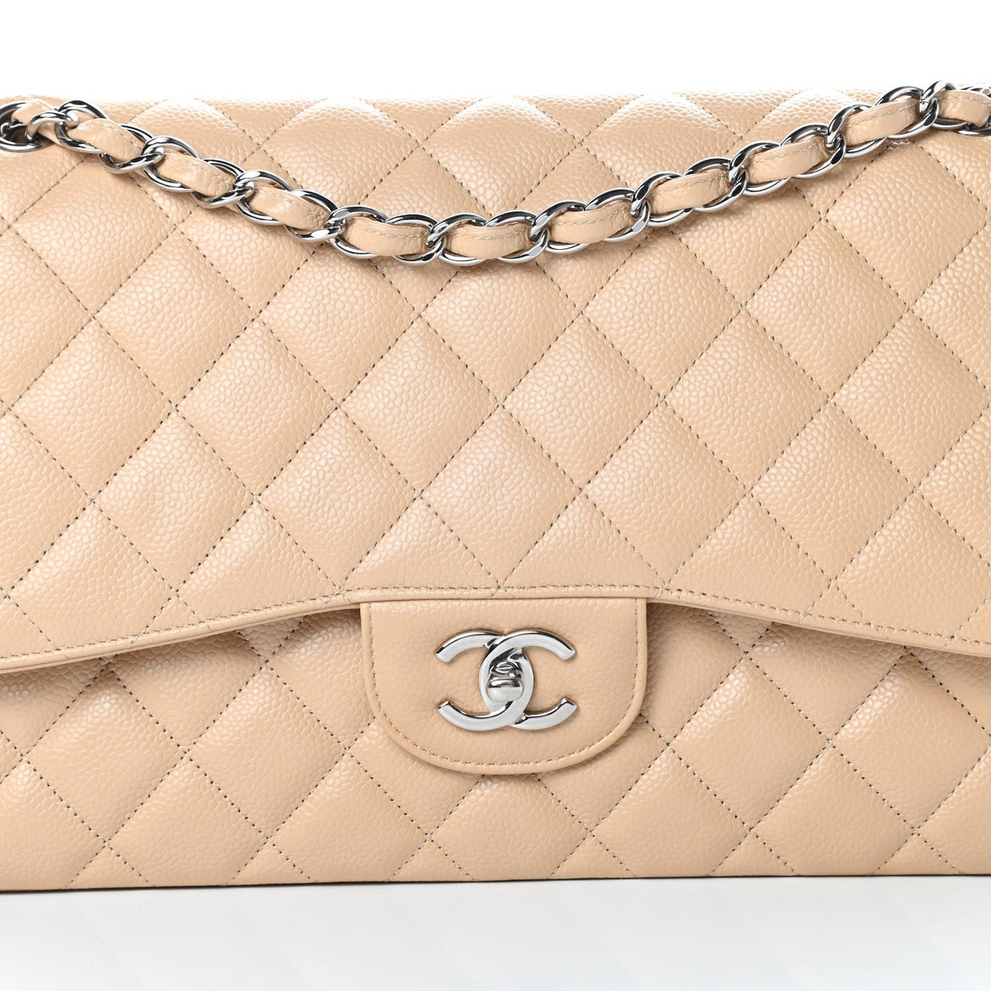 Caviar Quilted Jumbo Double Flap Beige Clair