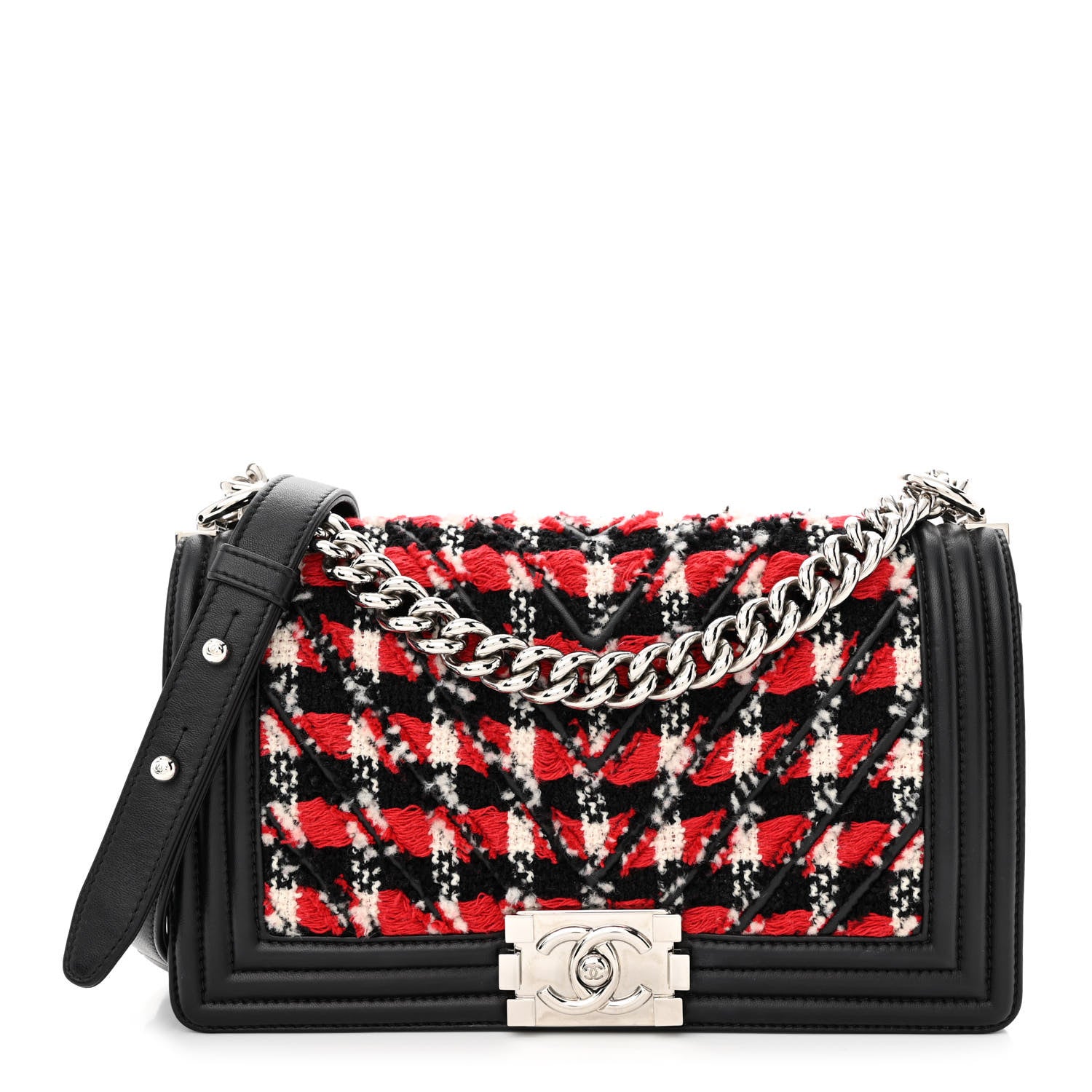 Chanel Lambskin Tweed Woven Medium Chevron Boy Flap Red White Black 1 of 11