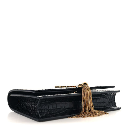 Saint Laurent Calfskin Crocodile Embossed Kate Monogram Tassel Chain Wallet Black 4 of 9