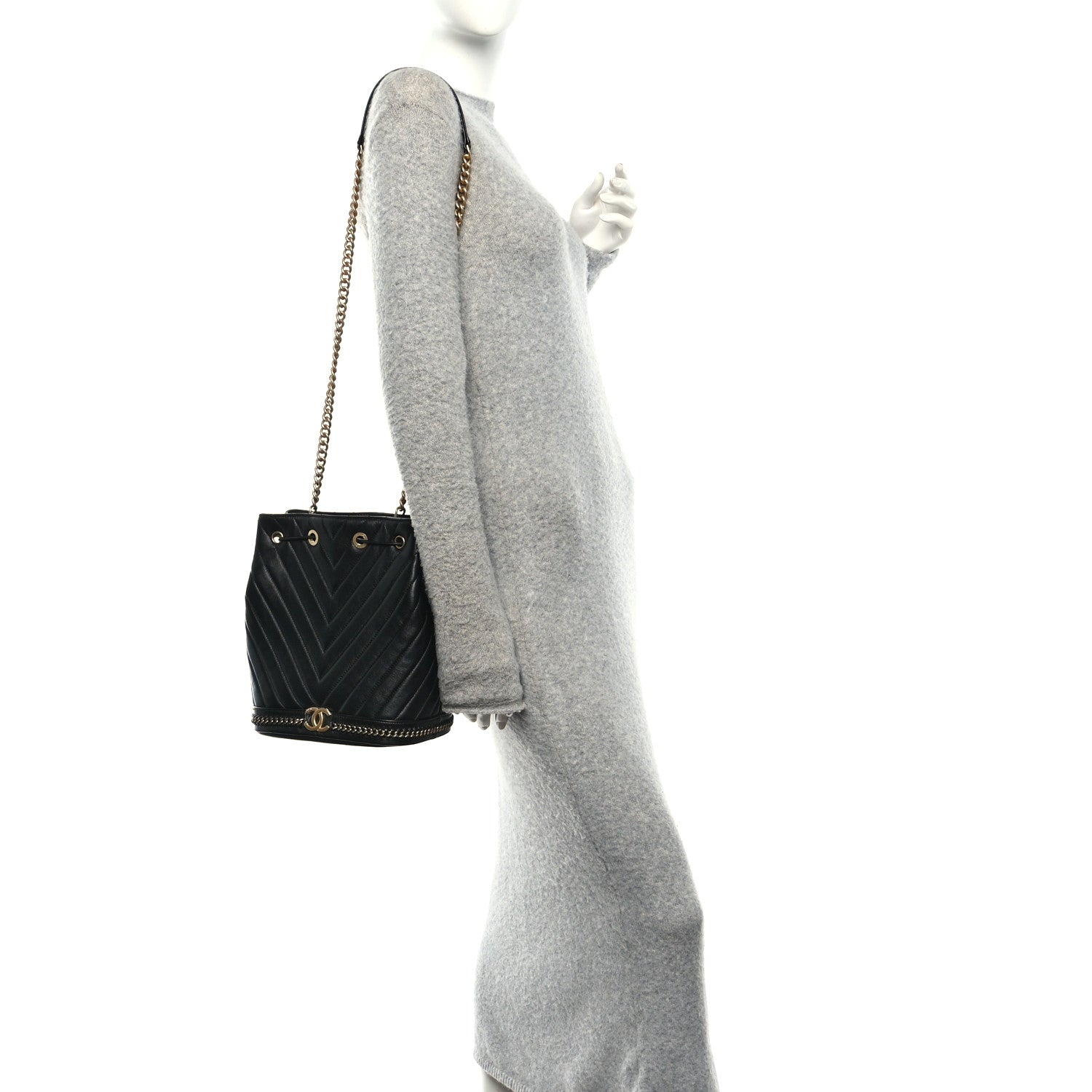 Chanel Sheepskin Chevron Quilted Drawstring Bag Black 2 of 10