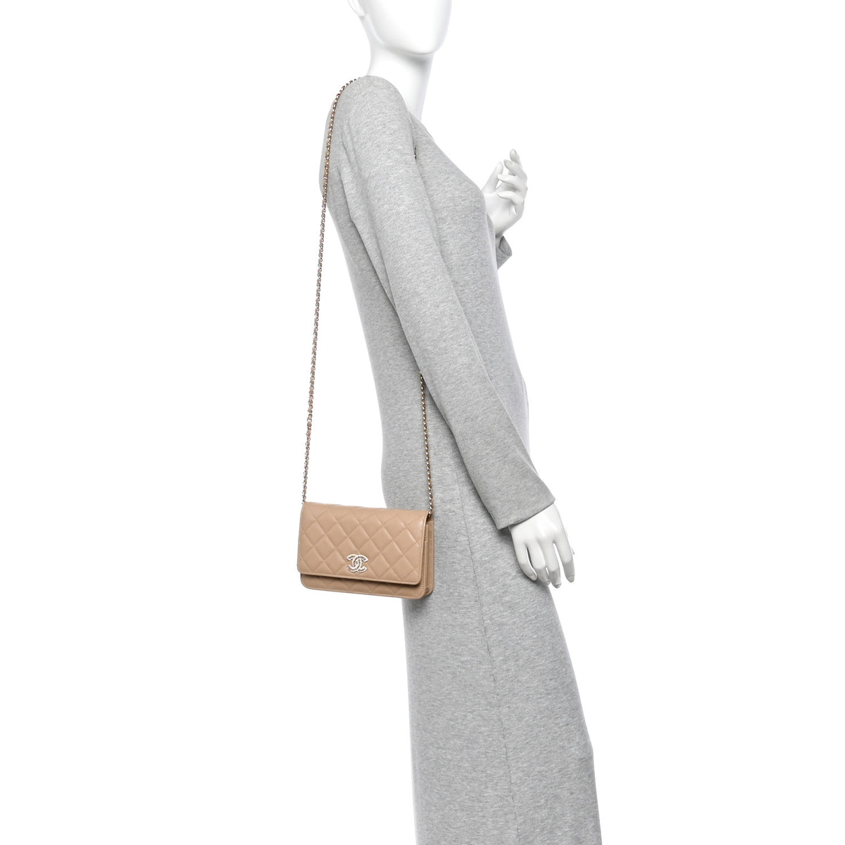 Chanel Caviar Quilted Crystal CC Wallet On Chain WOC Beige 2 of 13