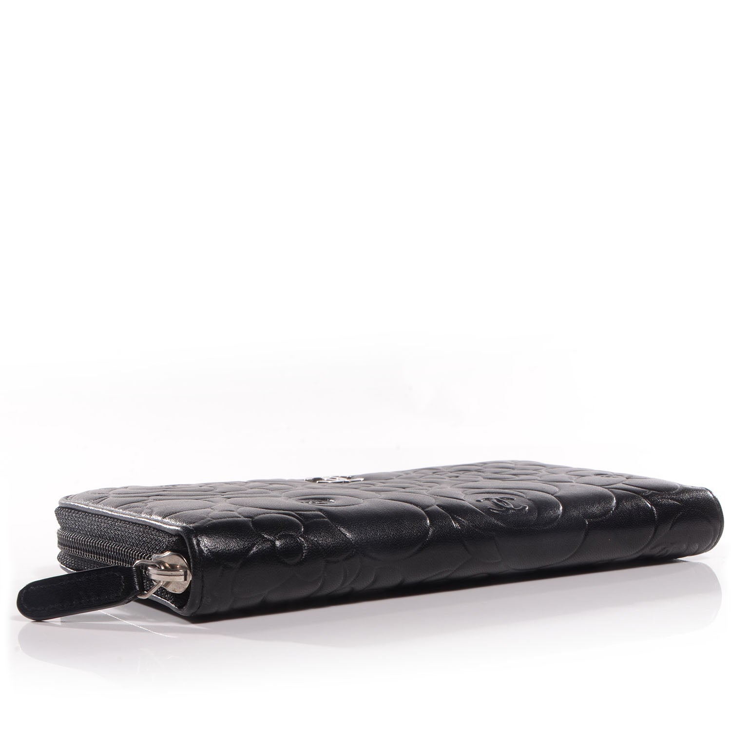 Chanel Lambskin Camellia Embossed Large Zip Around Gusset Wallet Black 4 of 9