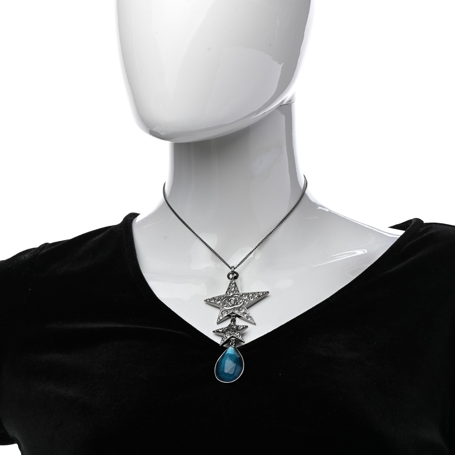 Chanel Crystal Resin CC Star Drop Necklace Silver Blue 2 of 6