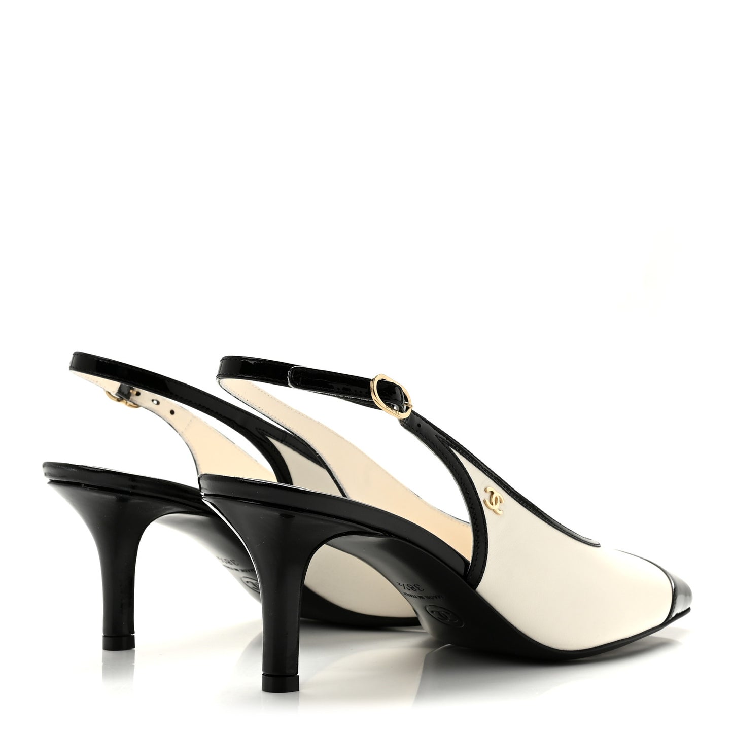 Lambskin Patent Calfskin Cap Toe CC Slingback Pumps 38.5 White Black