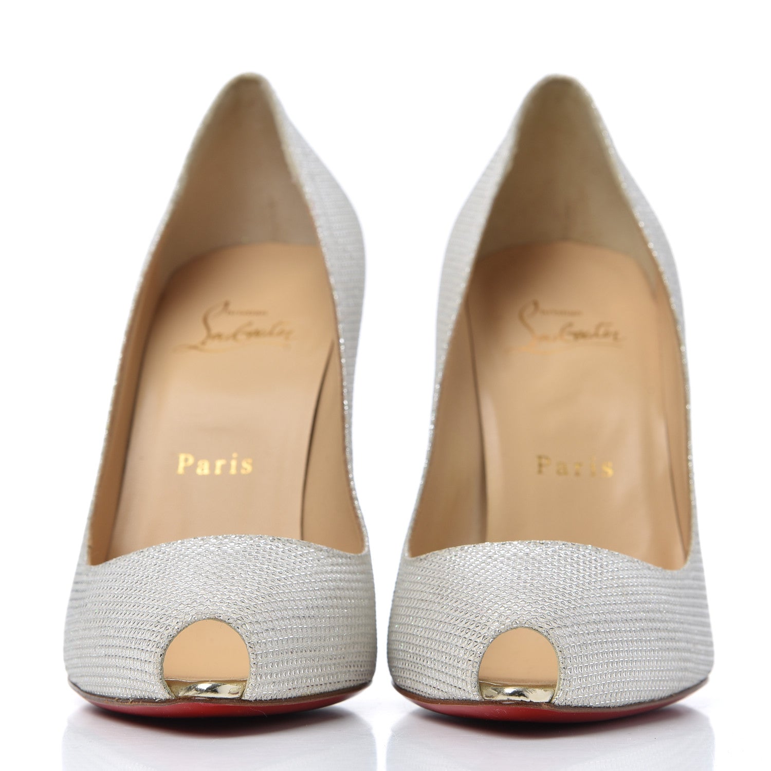 Christian Louboutin Metallic Canvas Peep Toe Pumps 37.5 White 2 of 15