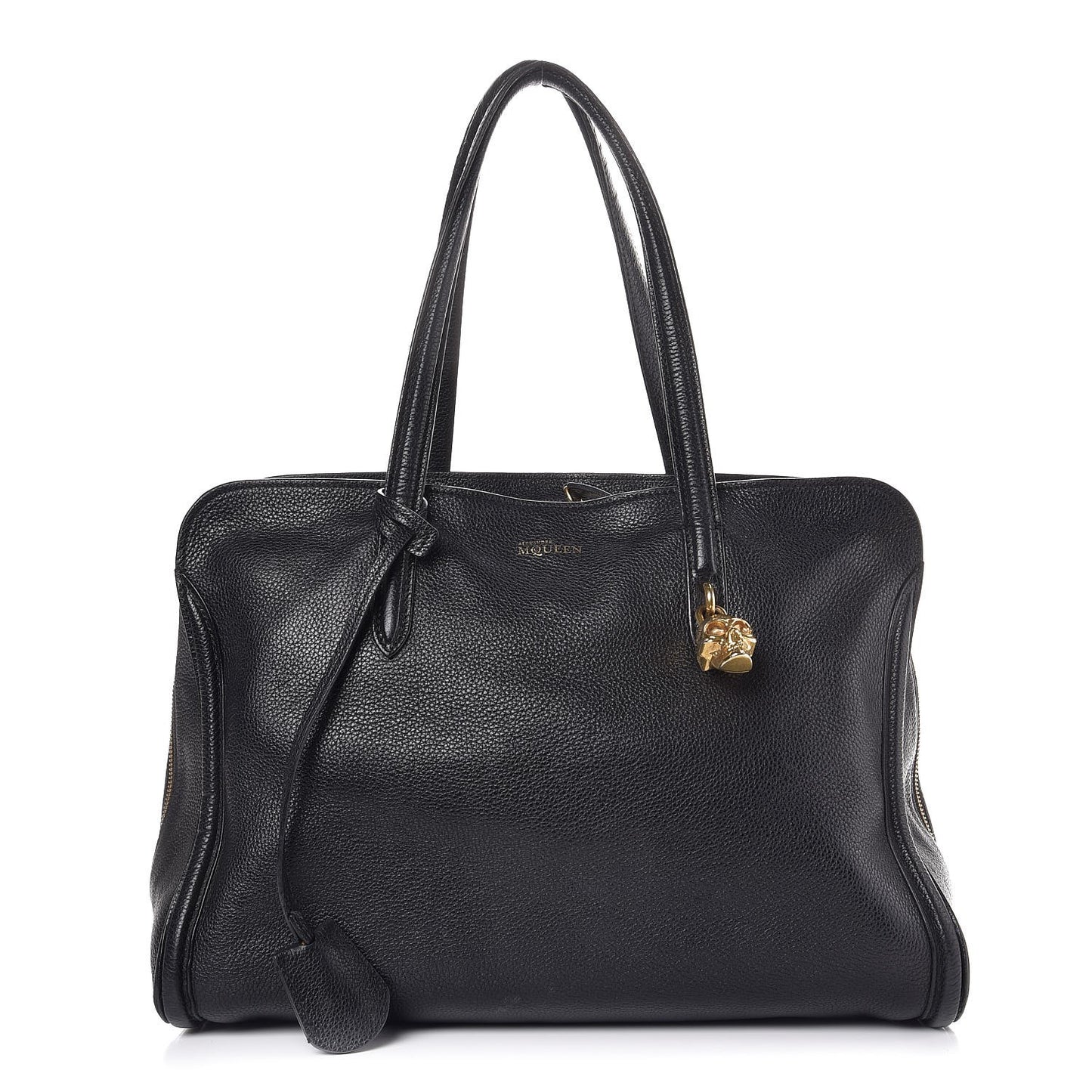 Pebbled Calfskin Large Skull Padlock Zip Around Tote Black