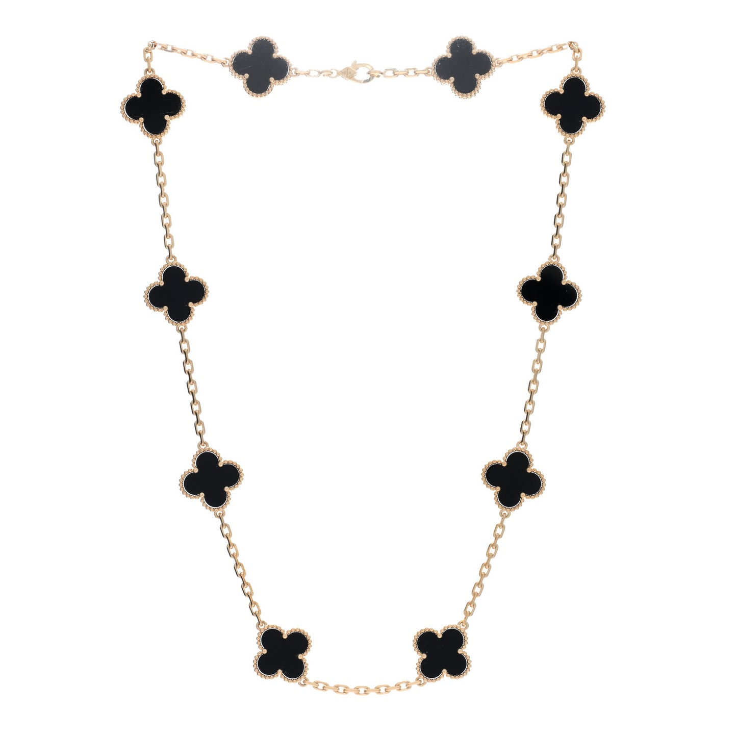 18K Yellow Gold Black Onyx 10 Motifs Vintage Alhambra Necklace