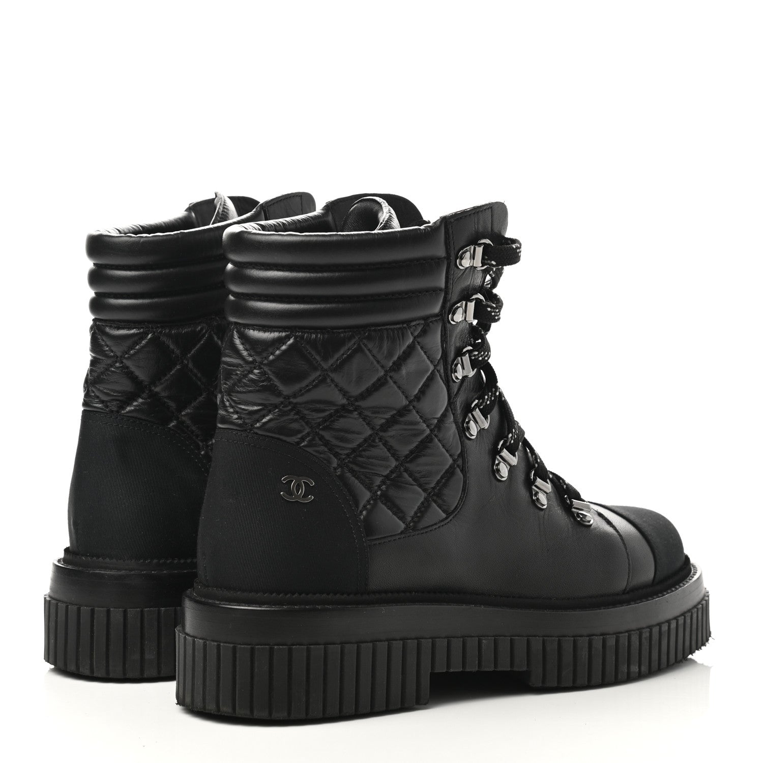 Chanel Calfskin Grosgrain Quilted Lace Up Boots 38 Black Grey 4 of 8