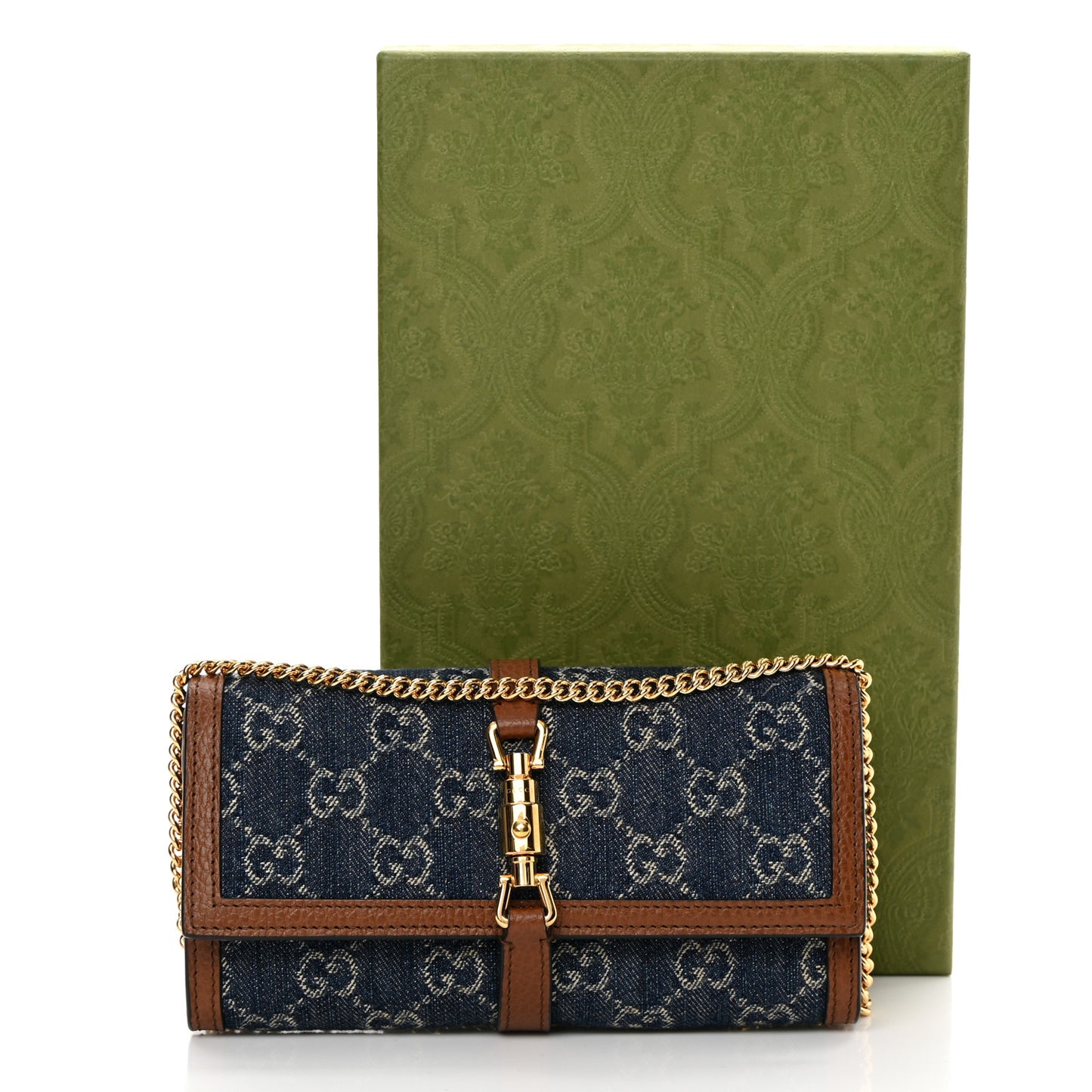 New Denim GG Monogram Jackie 1961 Chain Wallet Blue Tea Cuir