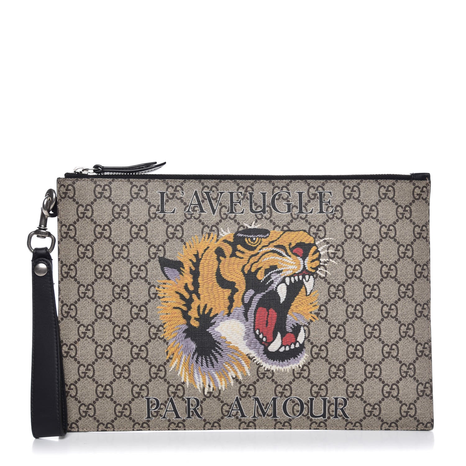 Gucci GG Supreme Monogram Tiger Zip Wristlet Pouch Beige 1 of 6