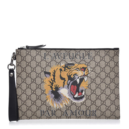 Gucci GG Supreme Monogram Tiger Zip Wristlet Pouch Beige 1 of 6