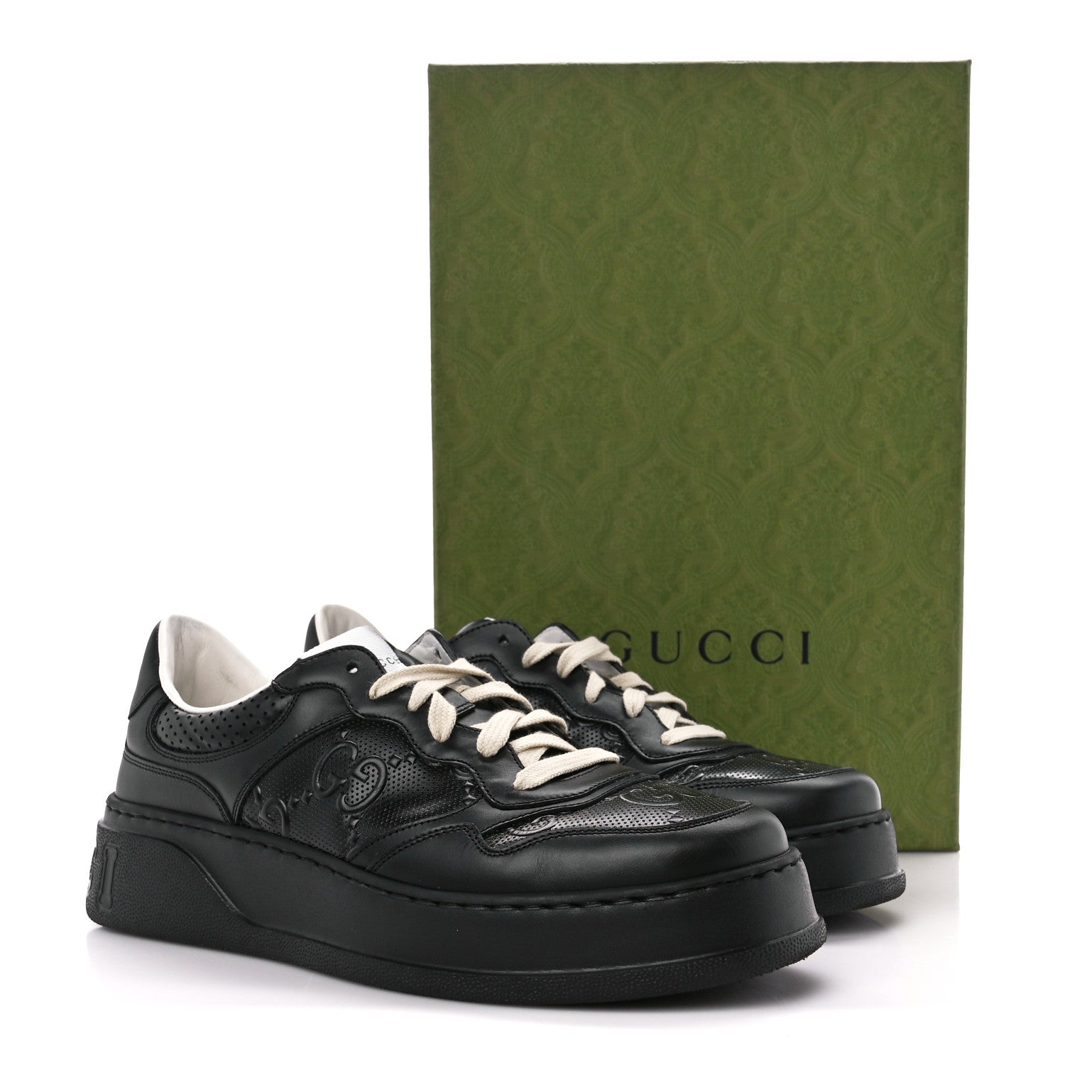 Gucci Calfskin GG Tennis Embossed Perforated Mens Interlocking G 55mm Sneakers 8 Black 10 of 10
