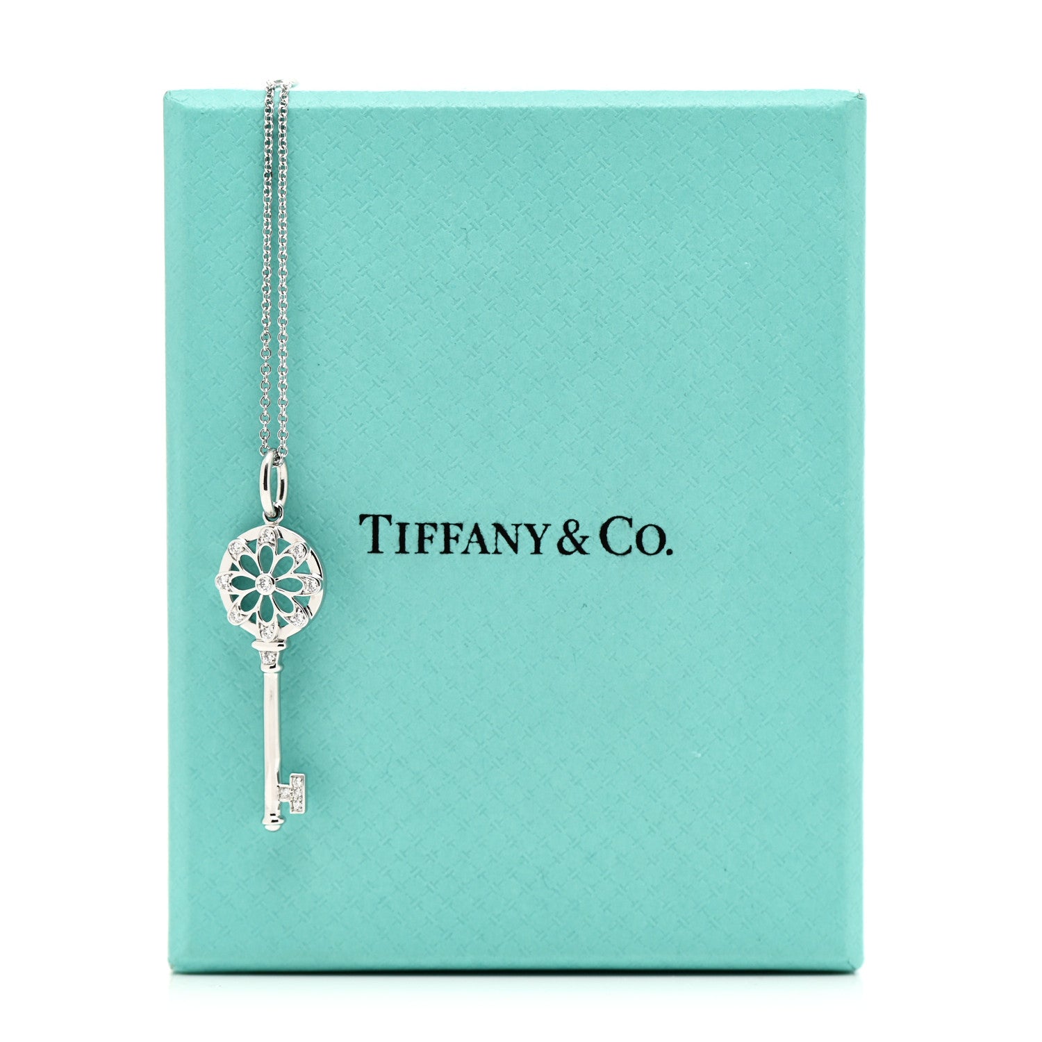 Tiffany 18K White Gold Diamond Floral Key Pendant Necklace 7 of 7