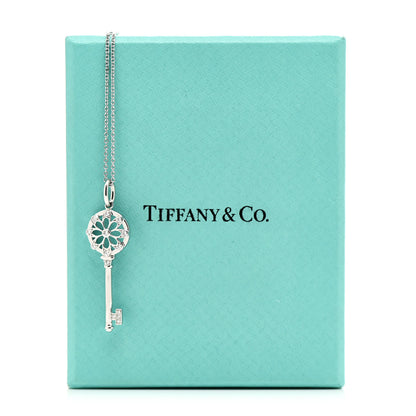 Tiffany 18K White Gold Diamond Floral Key Pendant Necklace 7 of 7