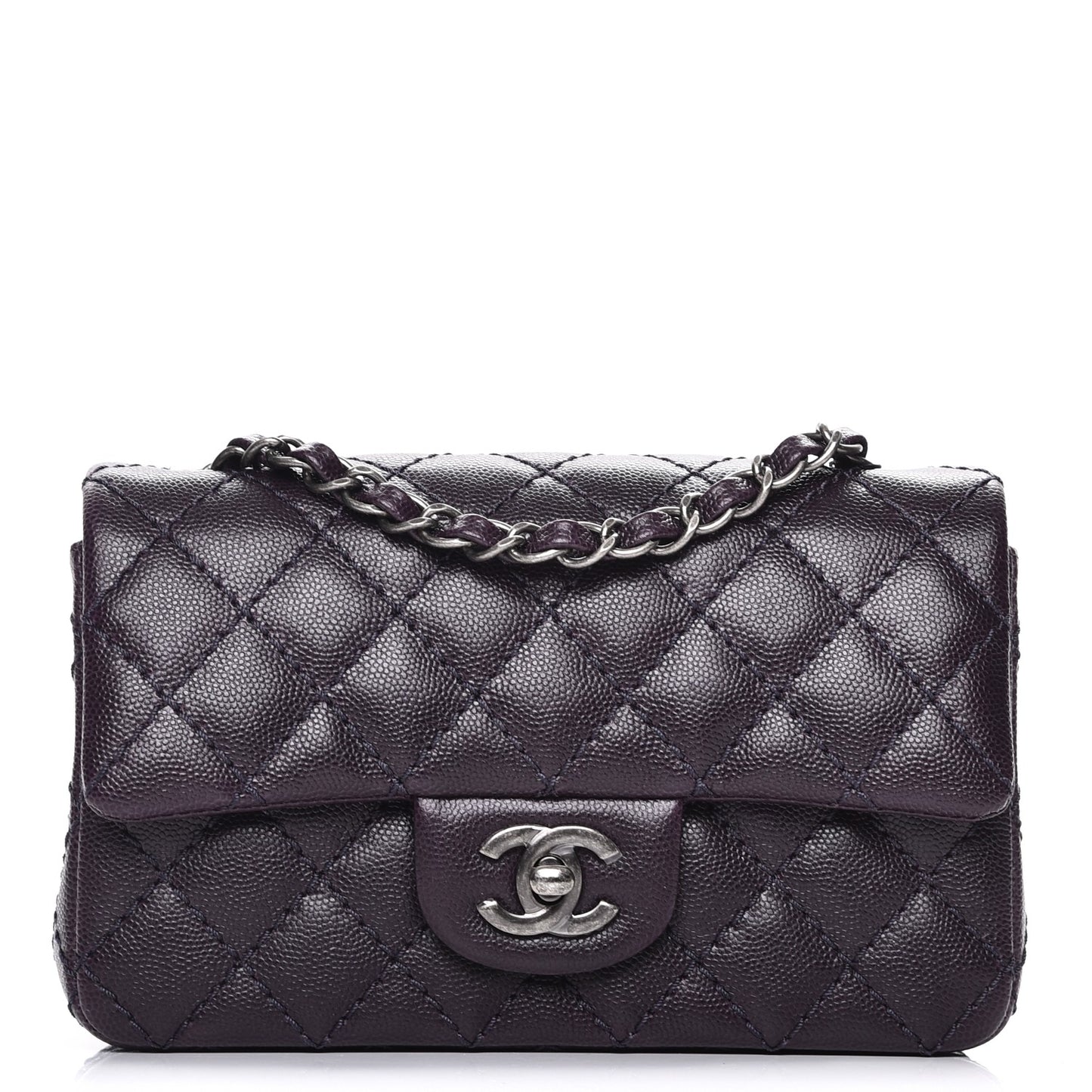 Washed Caviar Quilted Mini Rectangular Flap Dark Purple