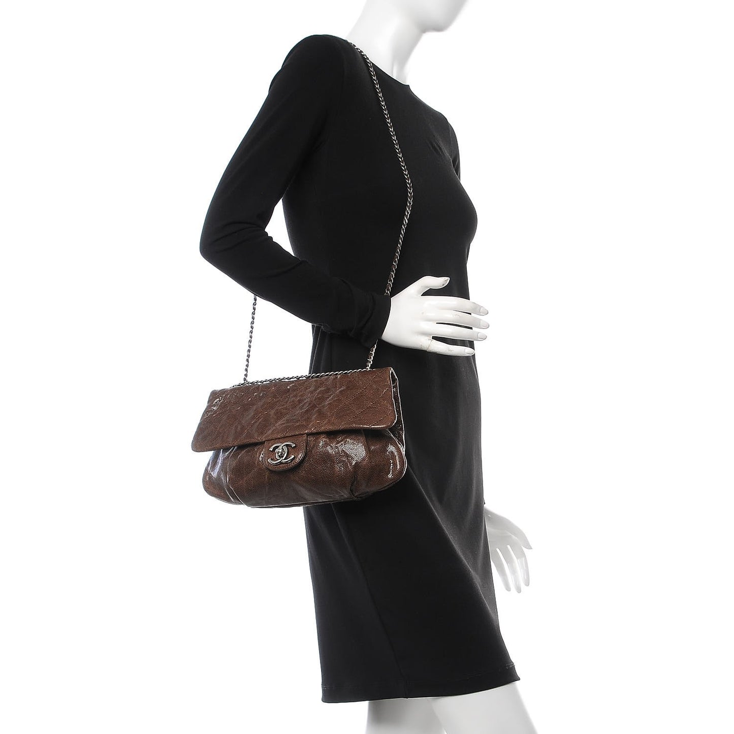 Caviar Quilted Medium Elastic Flap Brown