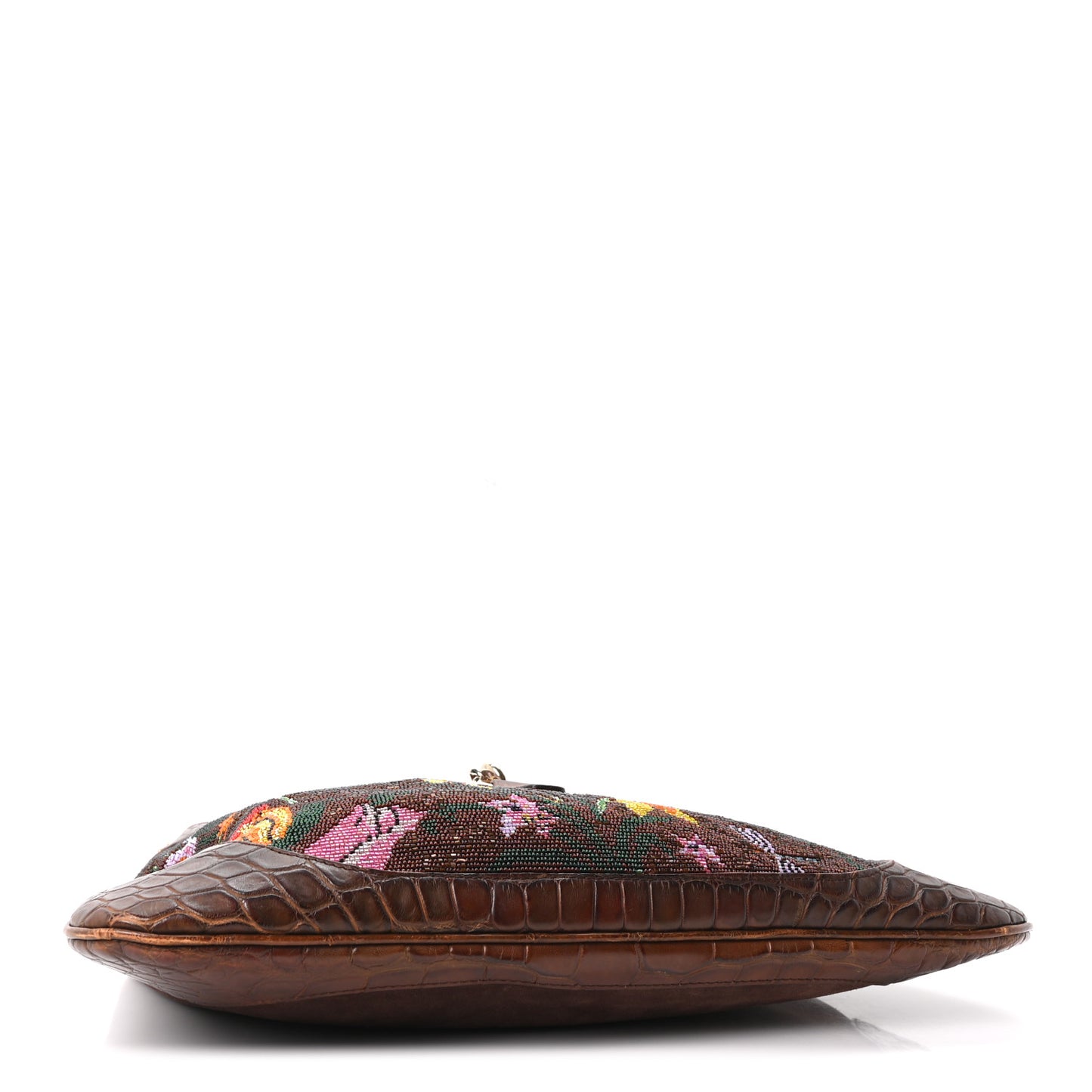 Crocodile Suede Beaded Floral Jackie Hobo Bag Brown