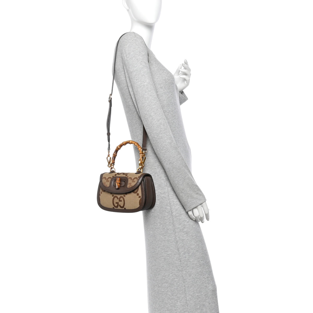 Gucci Monogram Jumbo GG Textured Dollar Calfskin Web Small Bamboo 1947 Top Handle Bag Camel Ebony New Acero 2 of 12