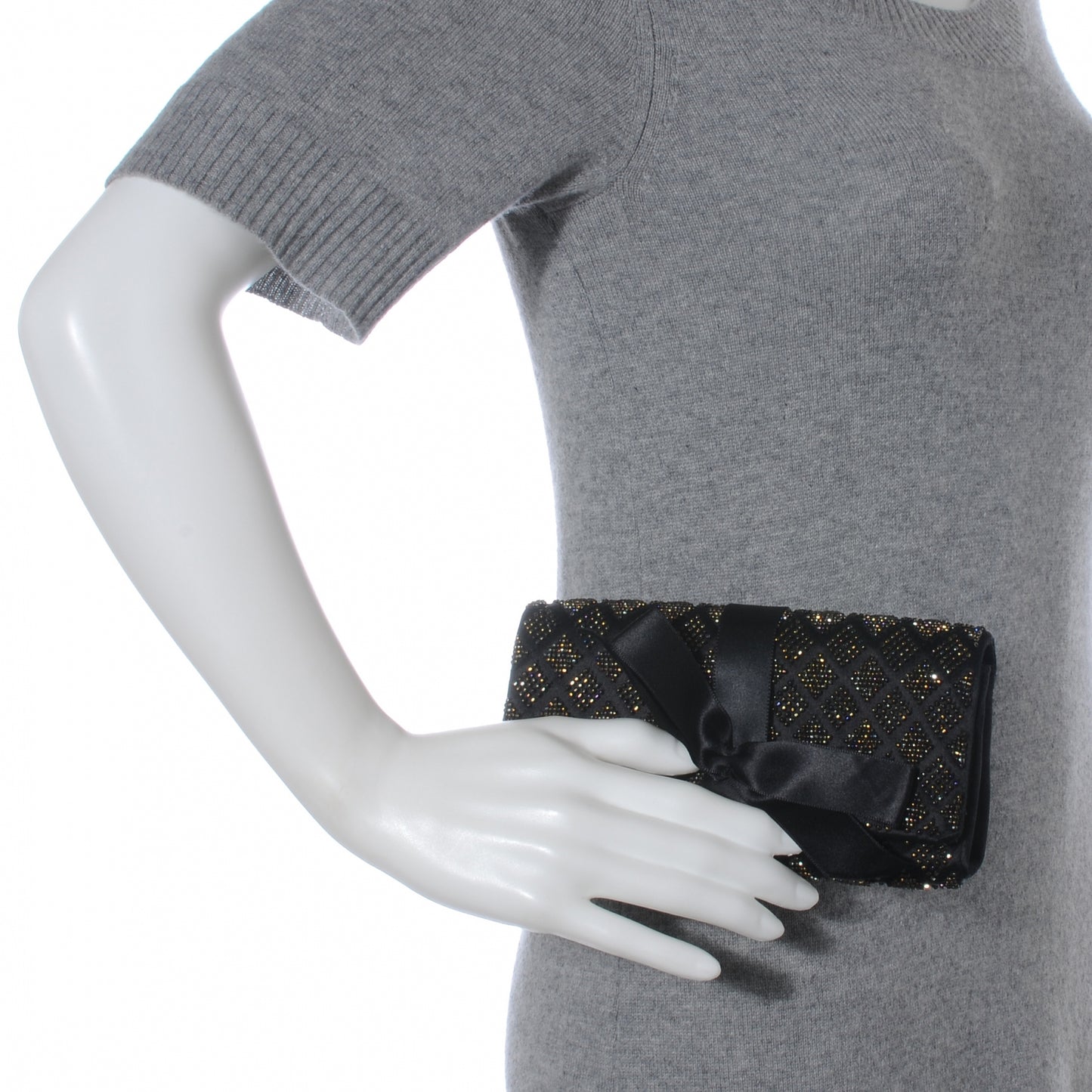 Satin Beaded Ribbon Bow Clutch Black