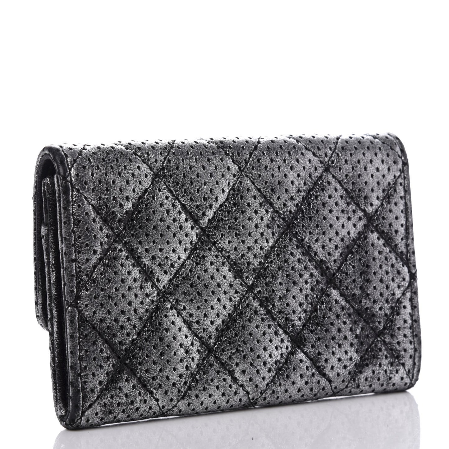 Metallic Calfskin Perforated Quilted Card Holder Grey