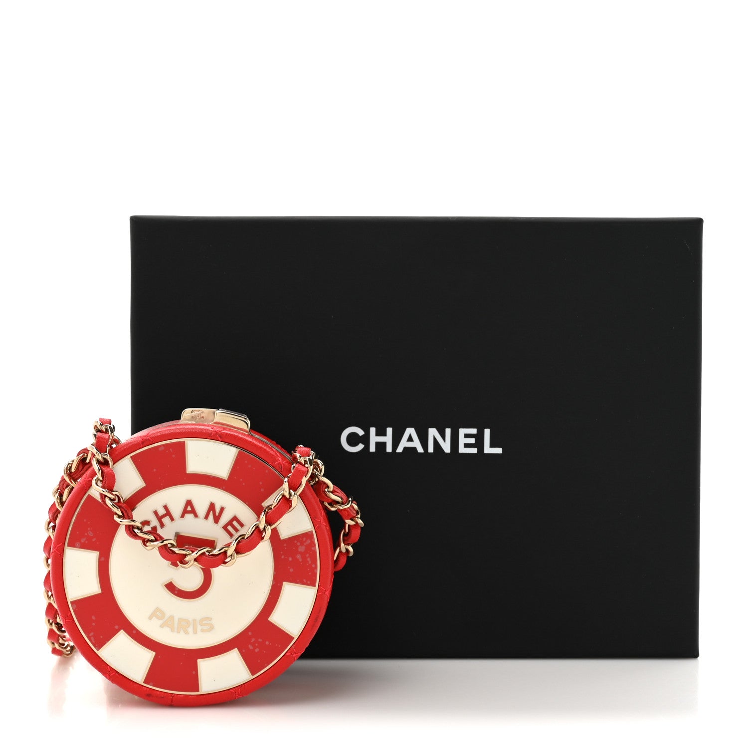 Chanel Lambskin Enamel Quilted Round Poker Chip Clutch With Chain Red White 11 of 11