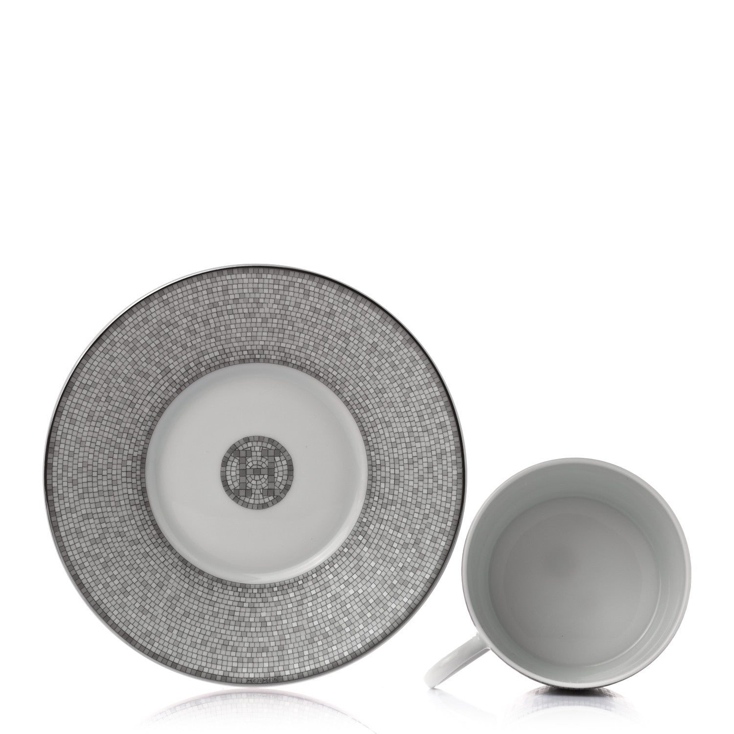 Hermes Porcelain Mosaique Au 24 Platine Tea Cup And Saucer Set Of 2 Platinum 5 of 8
