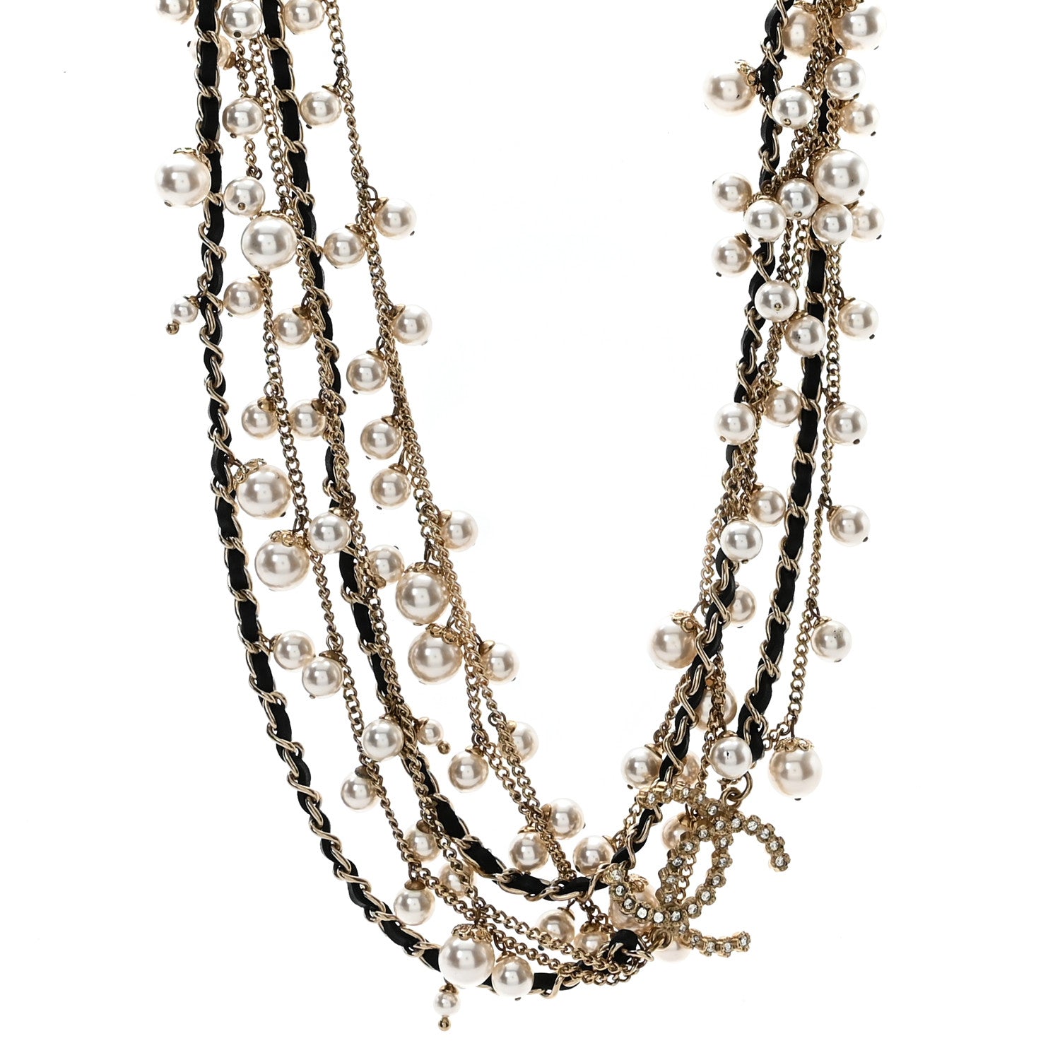 Chanel Lambskin Pearl Crystal CC Chain Multi Strand Necklace Black Gold Pearly White 1 of 4