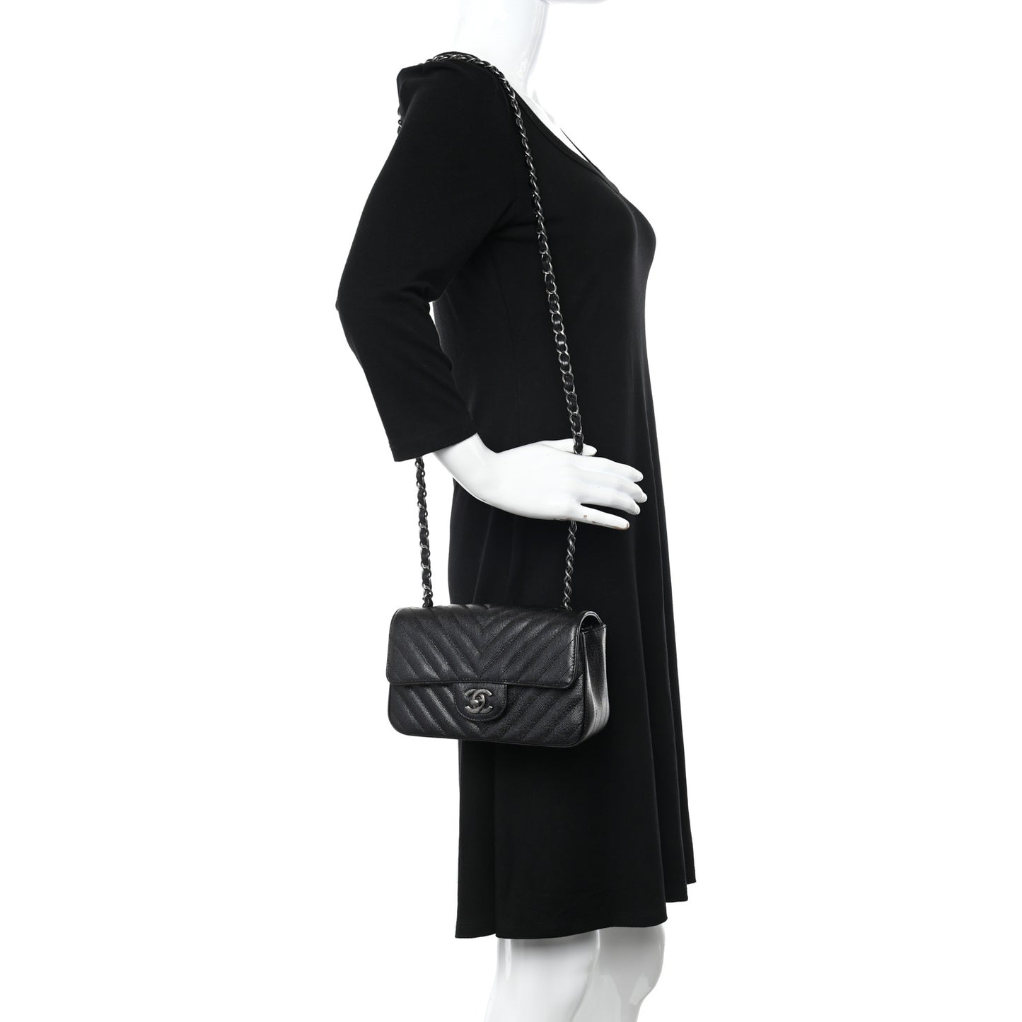 Iridescent Caviar Chevron Quilted Mini Rectangular Flap Black