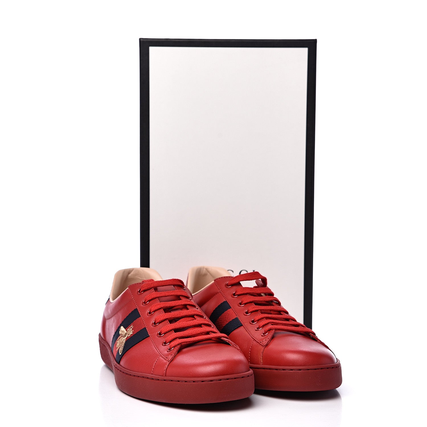 Gucci Miro Soft Calfskin Laminated Ayers Web Bee Embroidered Mens Ace Sneakers 12.5 Hibiscus Red Red Flame Notte 11 of 11