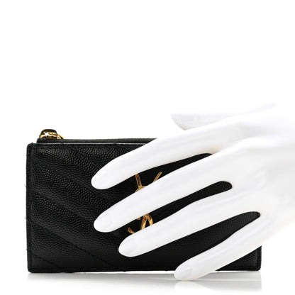 Saint Laurent Grain De Poudre Matelasse Chevron Monogram Fragments Zippered Card Case Black 2 of 10