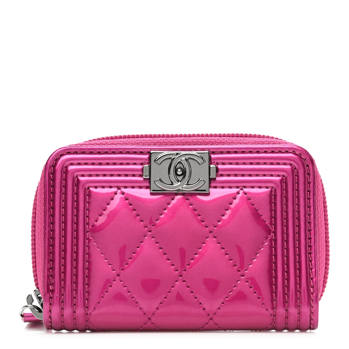 Metallic Patent Quilted Zip Around Boy Coin Purse Wallet Fuchsia