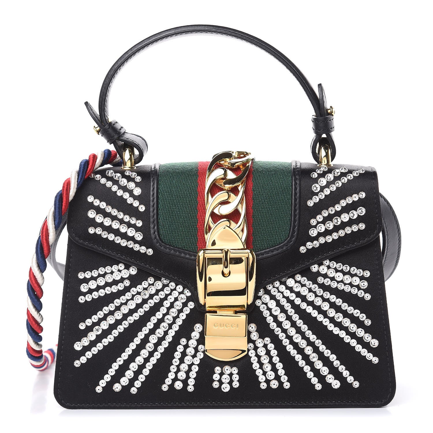 Gucci Satin Crystal Mini Sylvie Top Handle Bag Black 1 of 9