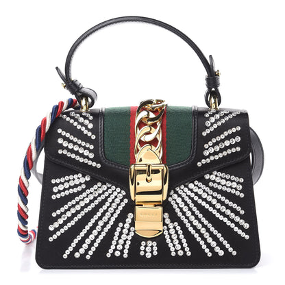 Gucci Satin Crystal Mini Sylvie Top Handle Bag Black 1 of 9