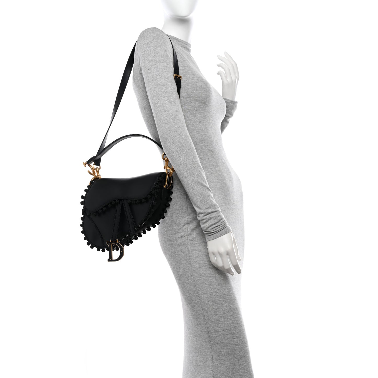Calfskin Pom Pom Saddle Bag Black